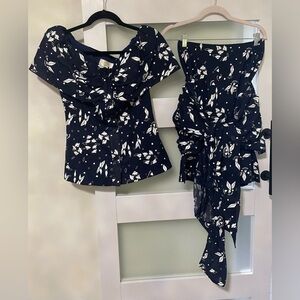 JILL FITZSIMON Australia Navy & White Floral Two-Piece Set –Size 6 Top / 8 Skirt